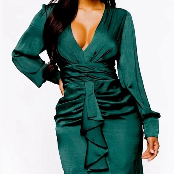 Fashion Nova | Dresses | Fashion Nova Huntergreen Silky Dress Sz Medium  Long Sleeve Mini Dress | Poshmark